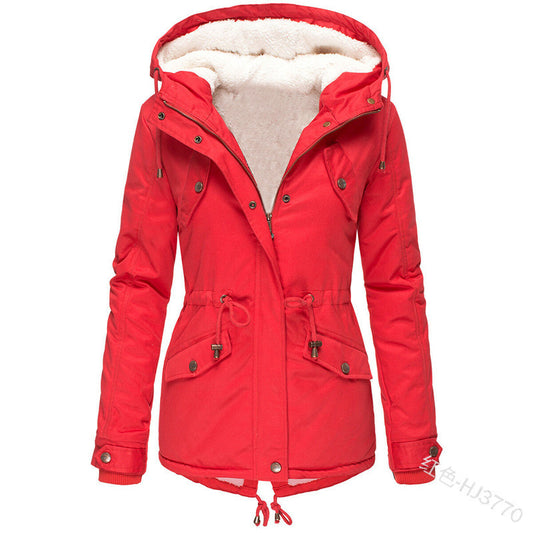 Foreign Trade Winter New Hot Hooded Waist Slimming Plus Velvet Thickened Warm Cotton Clothes Women's Mid-length Cotton-padded Jacket
