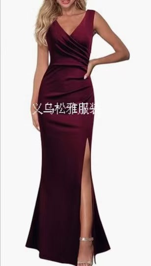 2024 Cross-Border Women's Sleeveless V Neck Slit Evening Dress Cocktail Party Dress
