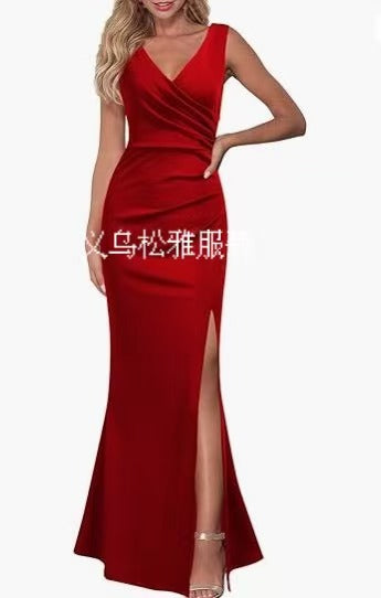 2024 Cross-Border Women's Sleeveless V Neck Slit Evening Dress Cocktail Party Dress