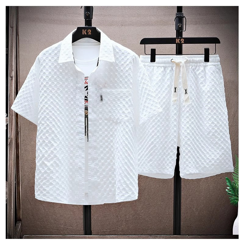 Thin sports leisure two-piece 2024 summer ice silk suit men's ruffian handsome fashion short sleeve shirt shorts set