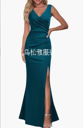 2024 Cross-Border Women's Sleeveless V Neck Slit Evening Dress Cocktail Party Dress