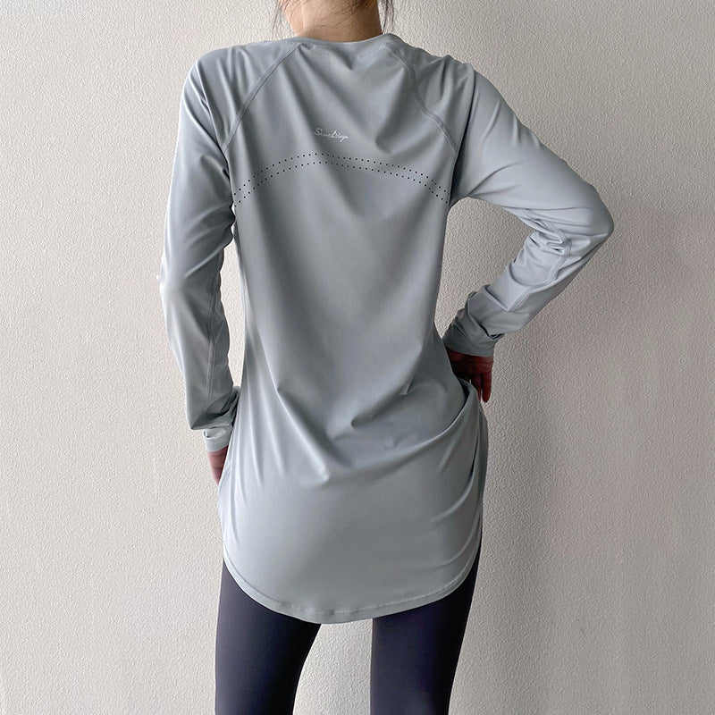 Spring and Summer Long Hip Covering Slimming Style Beautiful Back Breathable Yoga Suit Long Sleeve Running Fitness Sportswear T-shirt for Women