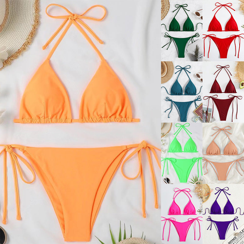 European and American Solid Color Split Swimsuit Women's Sexy Bikini Cross-border Hot Tight Gather Deep V High-end Swimsuit Women