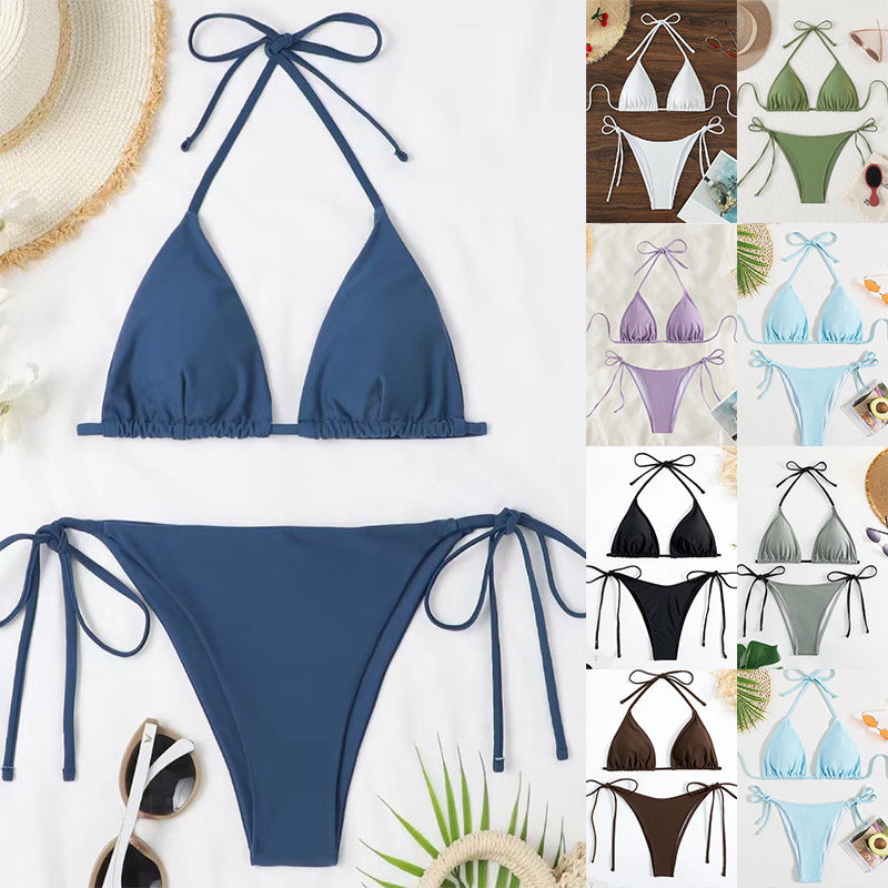 European and American Solid Color Split Swimsuit Women's Sexy Bikini Cross-border Hot Tight Gather Deep V High-end Swimsuit Women