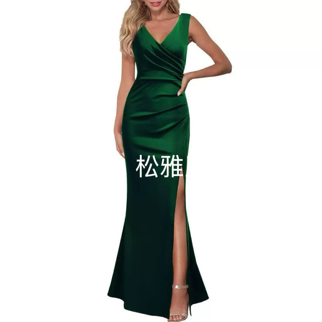 2024 Cross-Border Women's Sleeveless V Neck Slit Evening Dress Cocktail Party Dress