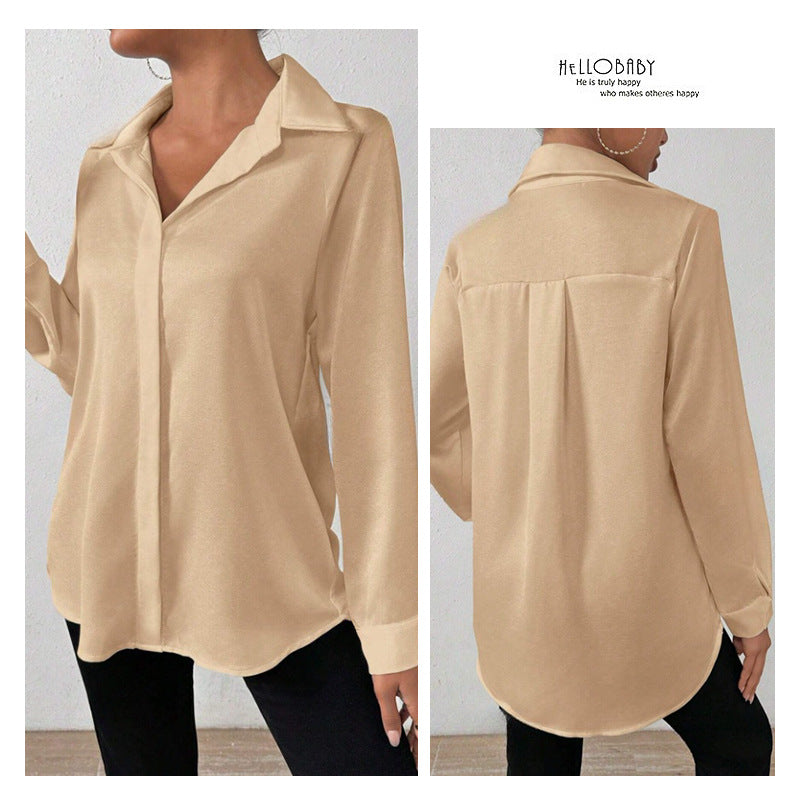 Cross-Border European and American Clothing Satin Shirt Women's Satin Imitation Silk Long-Sleeved Shirt European and American Export Cross-Border Women's Clothing
