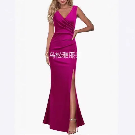 2024 Cross-Border Women's Sleeveless V Neck Slit Evening Dress Cocktail Party Dress