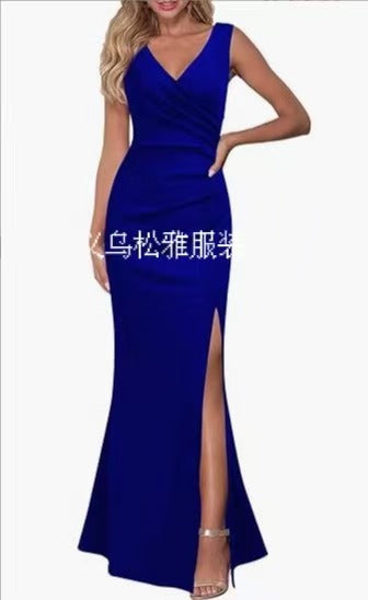 2024 Cross-Border Women's Sleeveless V Neck Slit Evening Dress Cocktail Party Dress