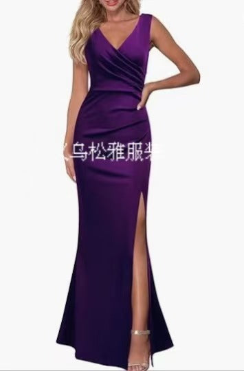 2024 Cross-Border Women's Sleeveless V Neck Slit Evening Dress Cocktail Party Dress