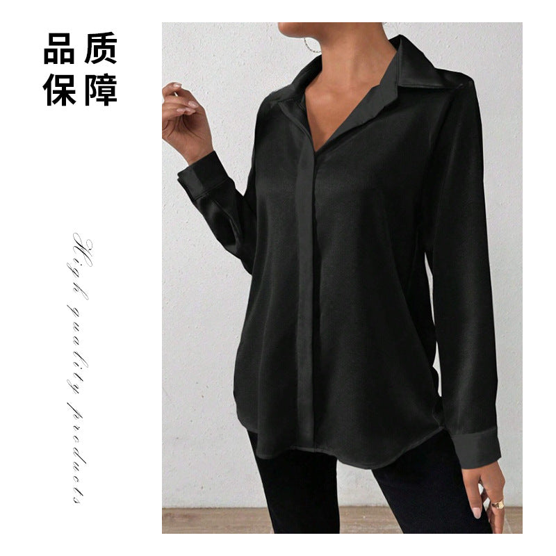 Cross-Border European and American Clothing Satin Shirt Women's Satin Imitation Silk Long-Sleeved Shirt European and American Export Cross-Border Women's Clothing