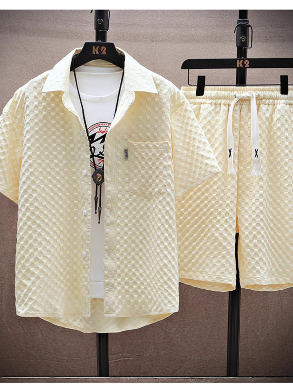Thin sports leisure two-piece 2024 summer ice silk suit men's ruffian handsome fashion short sleeve shirt shorts set