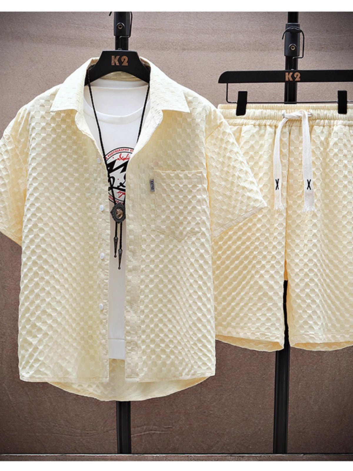 Thin sports leisure two-piece 2024 summer ice silk suit men's ruffian handsome fashion short sleeve shirt shorts set