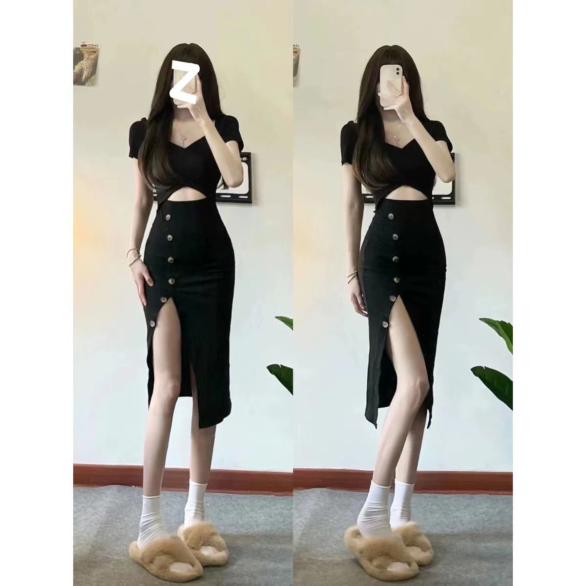 Sexy, Light and Mature Pure Lust Style Design Sexy Royal Sister Black Short-Sleeved Slit Hip-Covering Dress for Women to Slim down the Waist