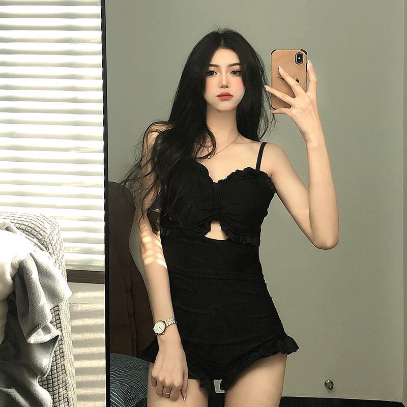 Swimsuit Women's One-Piece Sexy 2025 New Korean Ins Swimsuit Conservative Belly-Covering Slimming Look Small Breasts Fairy Gathered Summer