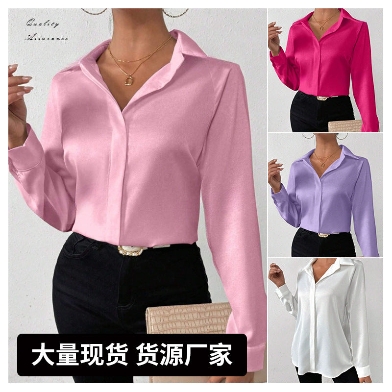 Cross-Border European and American Clothing Satin Shirt Women's Satin Imitation Silk Long-Sleeved Shirt European and American Export Cross-Border Women's Clothing