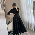 Black Dress with Round Neck and Long Sleeves, Korean Style, 2026 Autumn New Model, Sexy and Elegant, Waist-Cinching, Slimming, Long Skirt with a Large Hem