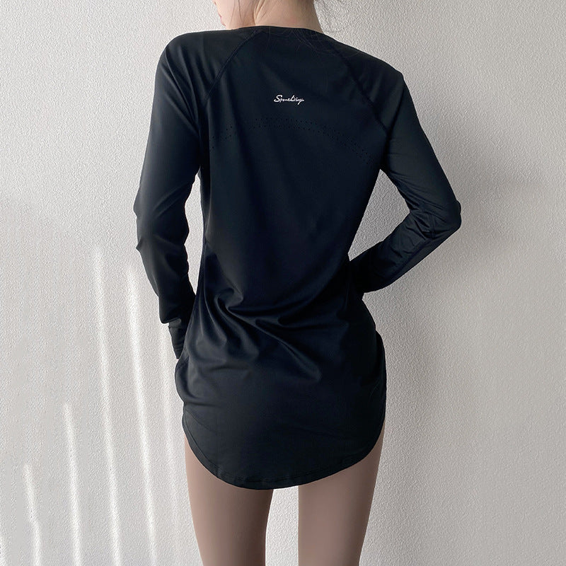Spring and Summer Long Hip Covering Slimming Style Beautiful Back Breathable Yoga Suit Long Sleeve Running Fitness Sportswear T-shirt for Women