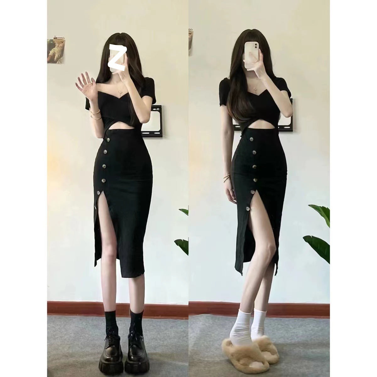 Sexy, Light and Mature Pure Lust Style Design Sexy Royal Sister Black Short-Sleeved Slit Hip-Covering Dress for Women to Slim down the Waist