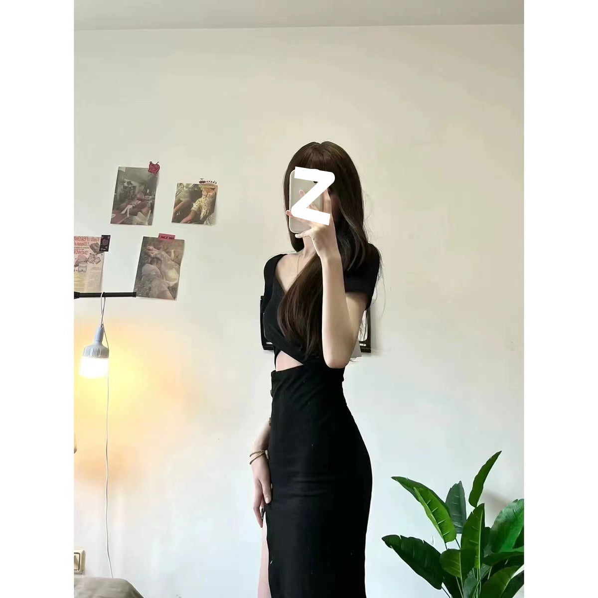 Sexy, Light and Mature Pure Lust Style Design Sexy Royal Sister Black Short-Sleeved Slit Hip-Covering Dress for Women to Slim down the Waist