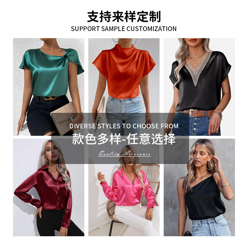 Cross-Border European and American Clothing Satin Shirt Women's Satin Imitation Silk Long-Sleeved Shirt European and American Export Cross-Border Women's Clothing