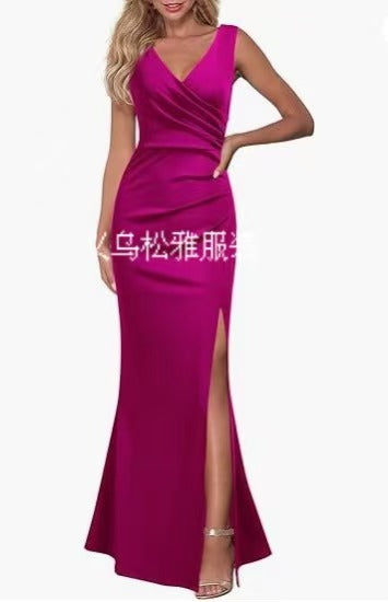 2024 Cross-Border Women's Sleeveless V Neck Slit Evening Dress Cocktail Party Dress