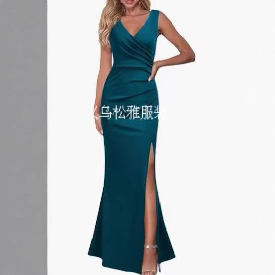2024 Cross-Border Women's Sleeveless V Neck Slit Evening Dress Cocktail Party Dress