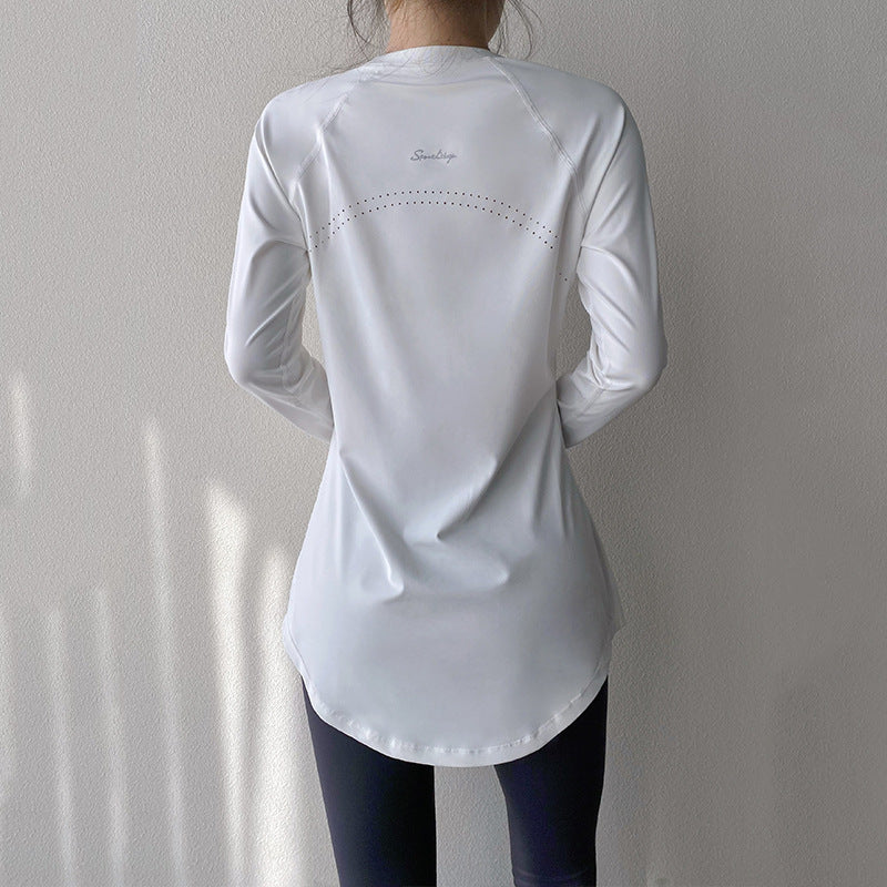 Spring and Summer Long Hip Covering Slimming Style Beautiful Back Breathable Yoga Suit Long Sleeve Running Fitness Sportswear T-shirt for Women