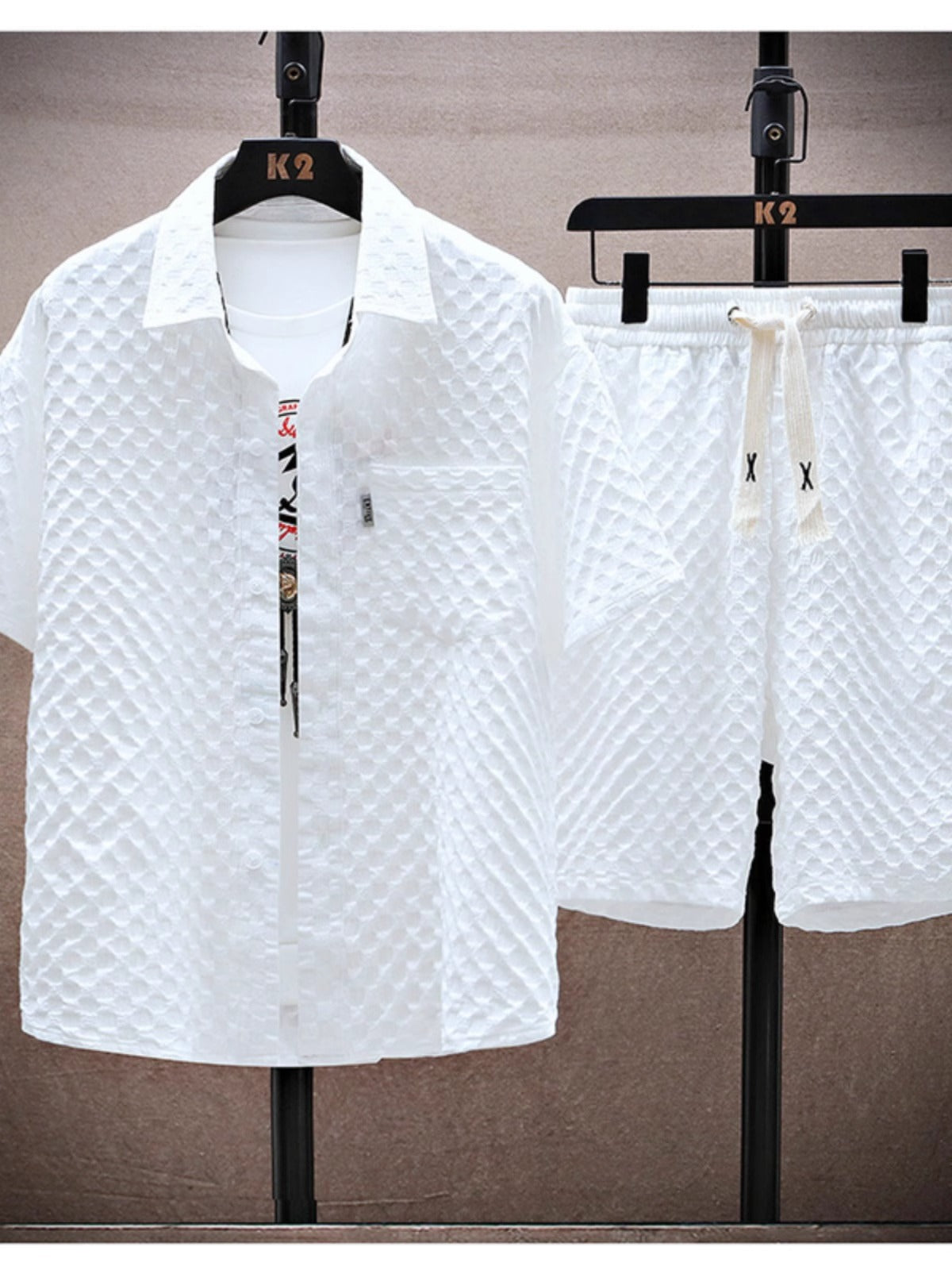 Thin sports leisure two-piece 2024 summer ice silk suit men's ruffian handsome fashion short sleeve shirt shorts set