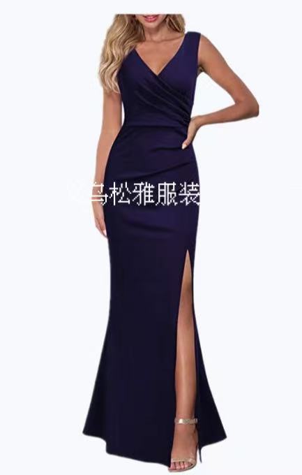 2024 Cross-Border Women's Sleeveless V Neck Slit Evening Dress Cocktail Party Dress