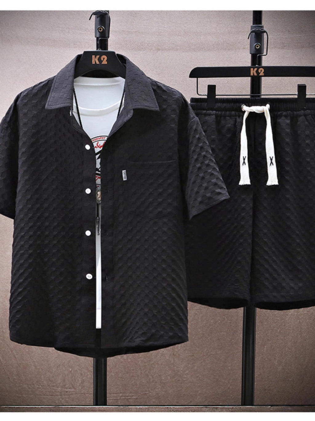 Thin sports leisure two-piece 2024 summer ice silk suit men's ruffian handsome fashion short sleeve shirt shorts set