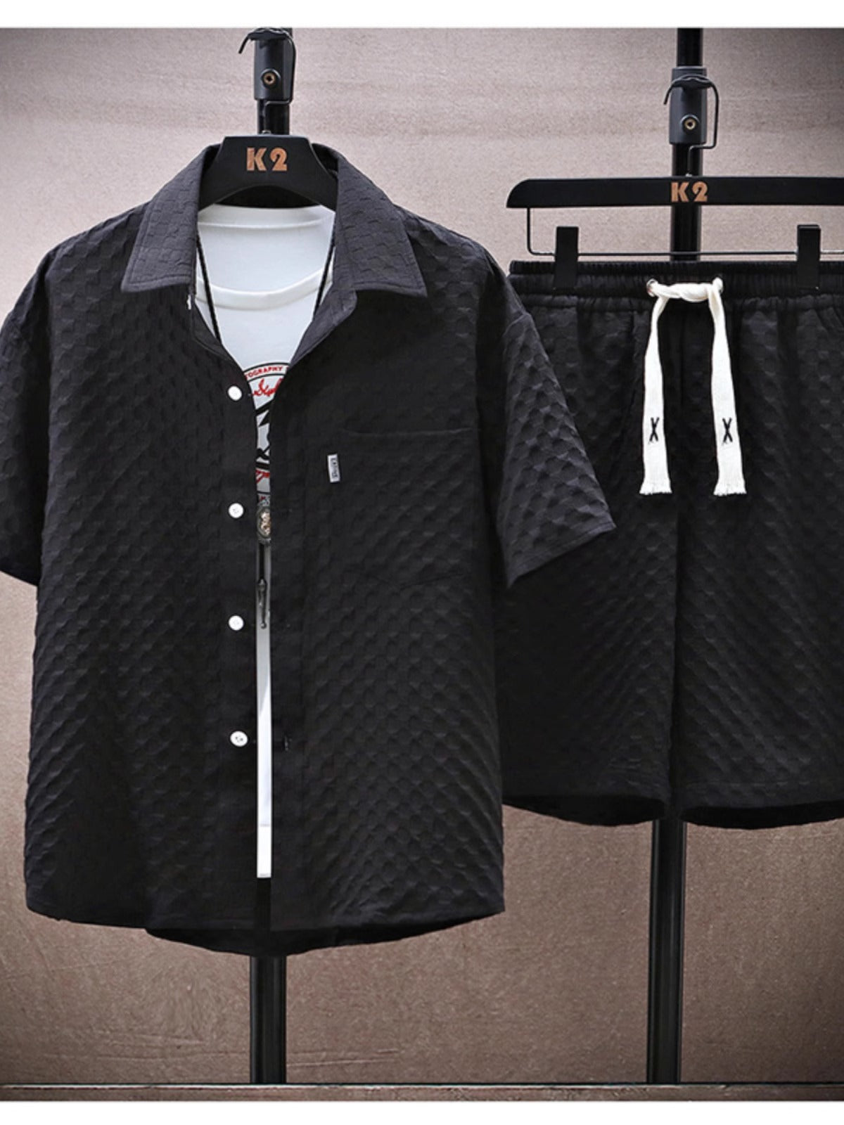 Thin sports leisure two-piece 2024 summer ice silk suit men's ruffian handsome fashion short sleeve shirt shorts set