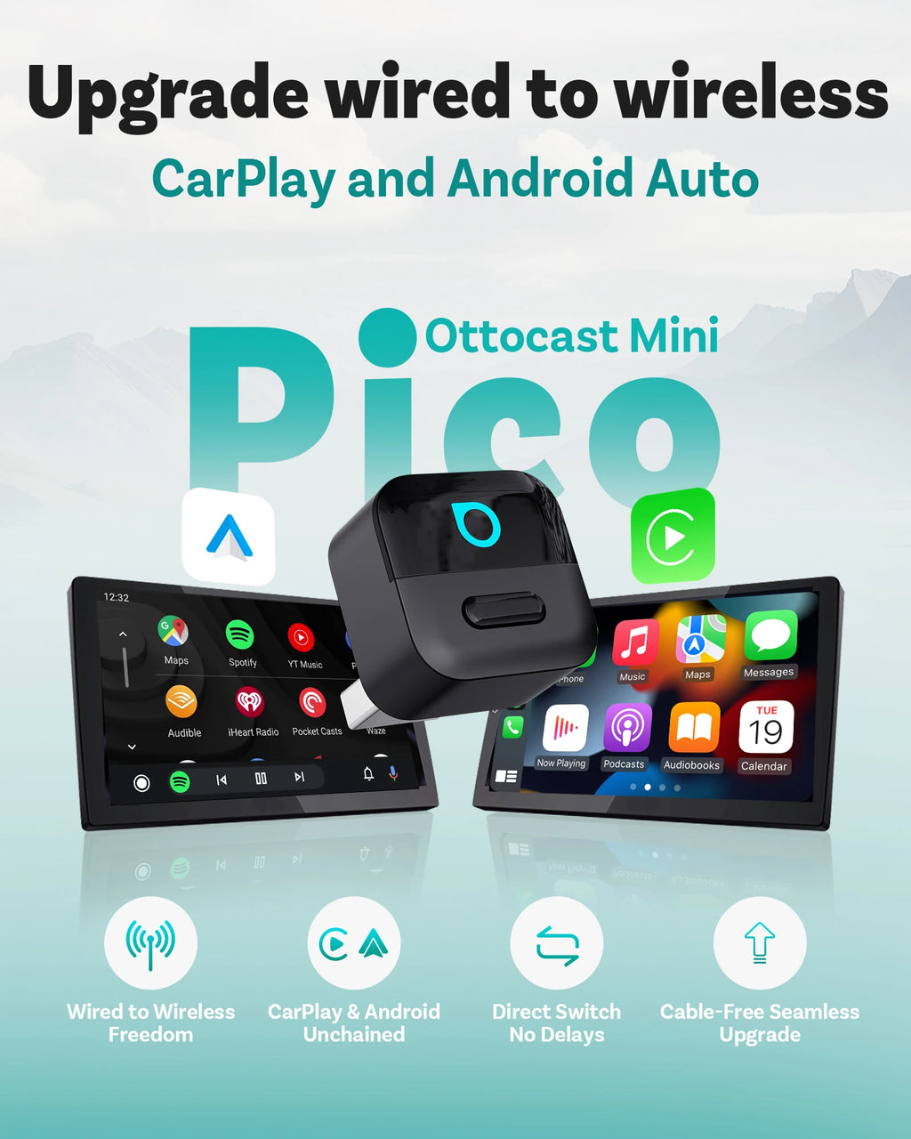 OTTOCAST Mini Pico 2in1 Wireless CarPlay Wireless Android Auto Adapter Wifi 6.0 Plug and Play Dongle for 98% of the Cars