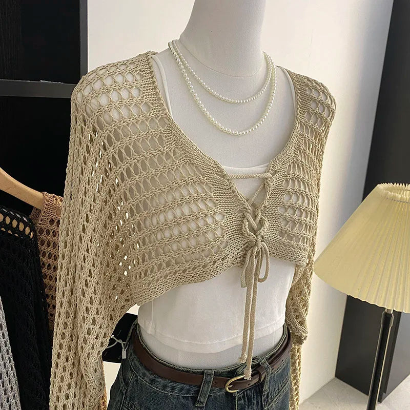 Crochet Crop Tie-Front Cardigan | Women's Y2K Beach Shrug Top