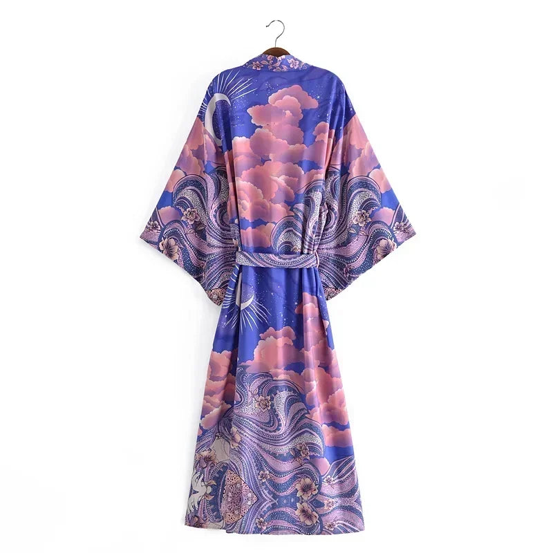 Boho Star & Moon Print Kimono Dress | Women's Beach Cover-Up