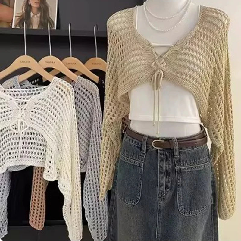 Crochet Crop Tie-Front Cardigan | Women's Y2K Beach Shrug Top