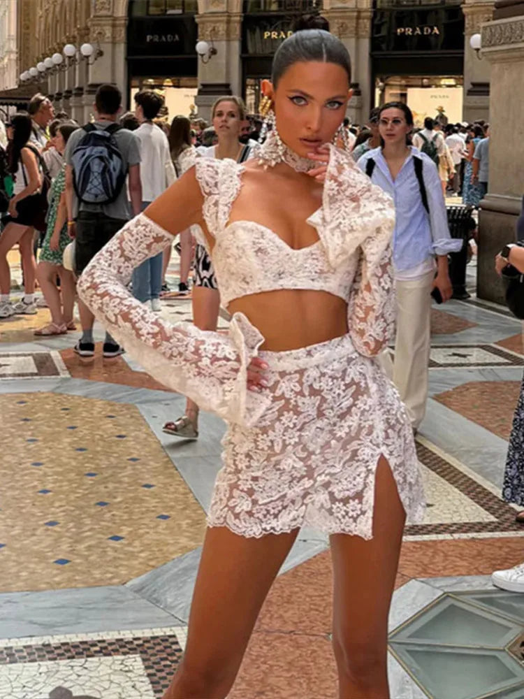 Lace Flared Sleeve Halter Top & Skirt Set | Women's 3-Piece