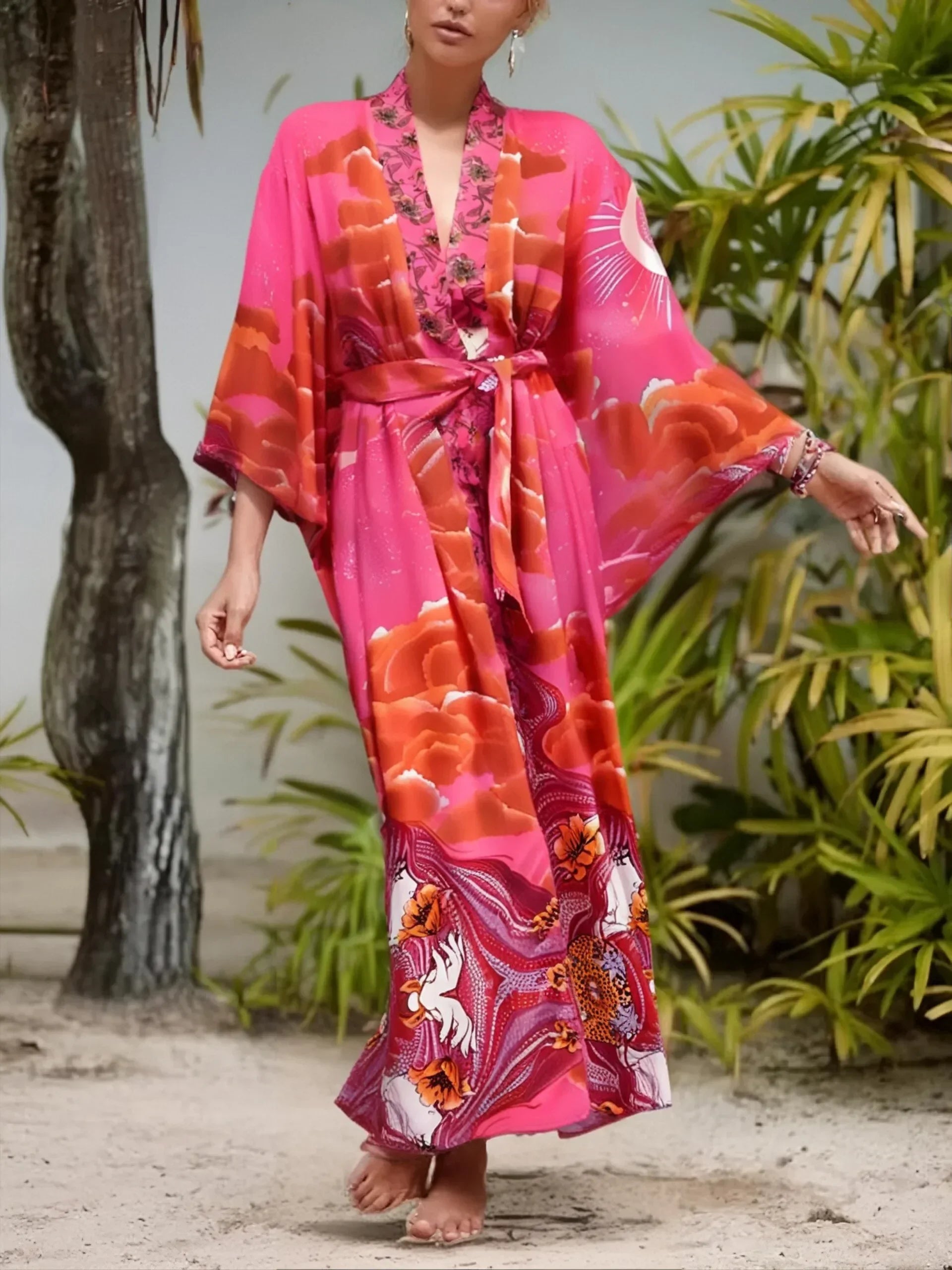 Boho Star & Moon Print Kimono Dress | Women's Beach Cover-Up