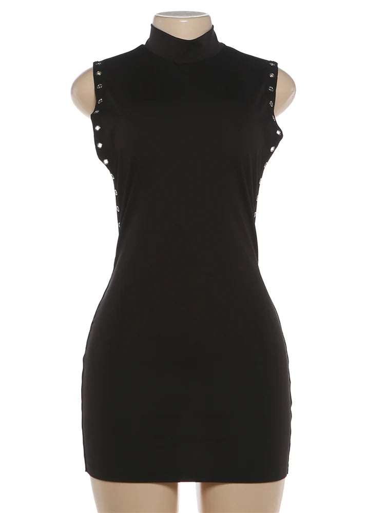 Nibber Peach Hip Mini Dress Woman o-Neck Sleeveless Side Hollow Design Metal Rings Decoration Skinny Midnight Club Party Bodycon