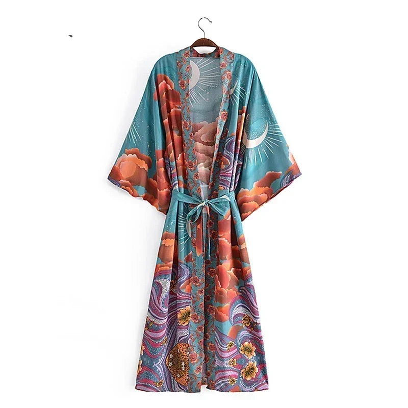 Boho Star & Moon Print Kimono Dress | Women's Beach Cover-Up
