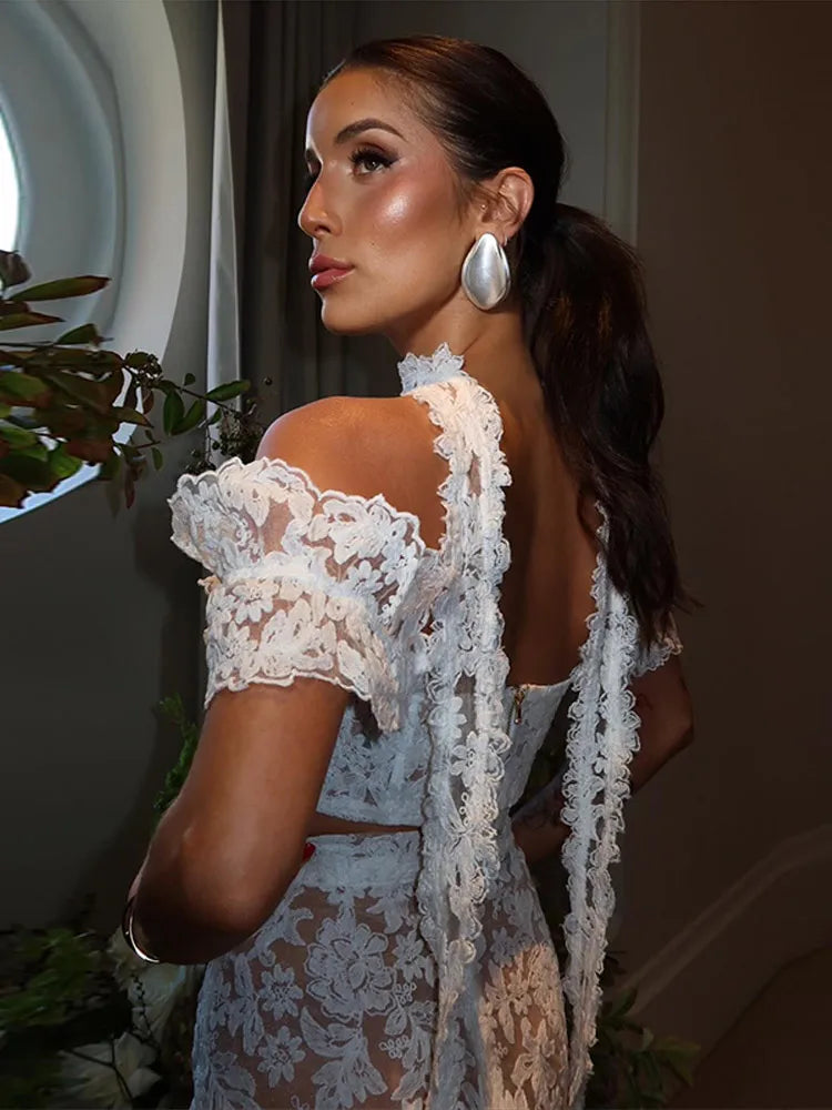 Lace Flared Sleeve Halter Top & Skirt Set | Women's 3-Piece
