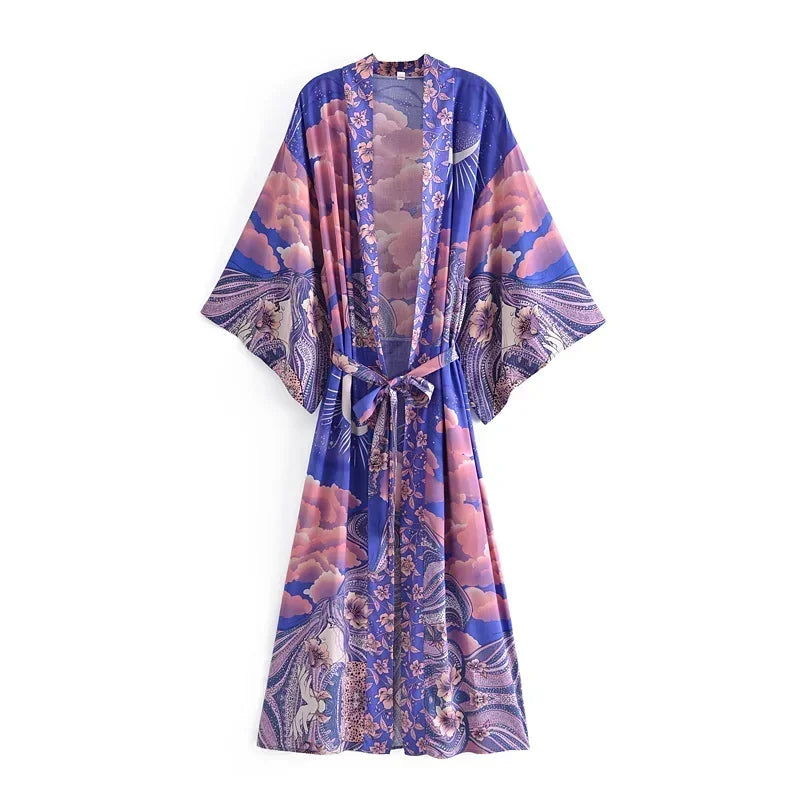 Boho Star & Moon Print Kimono Dress | Women's Beach Cover-Up