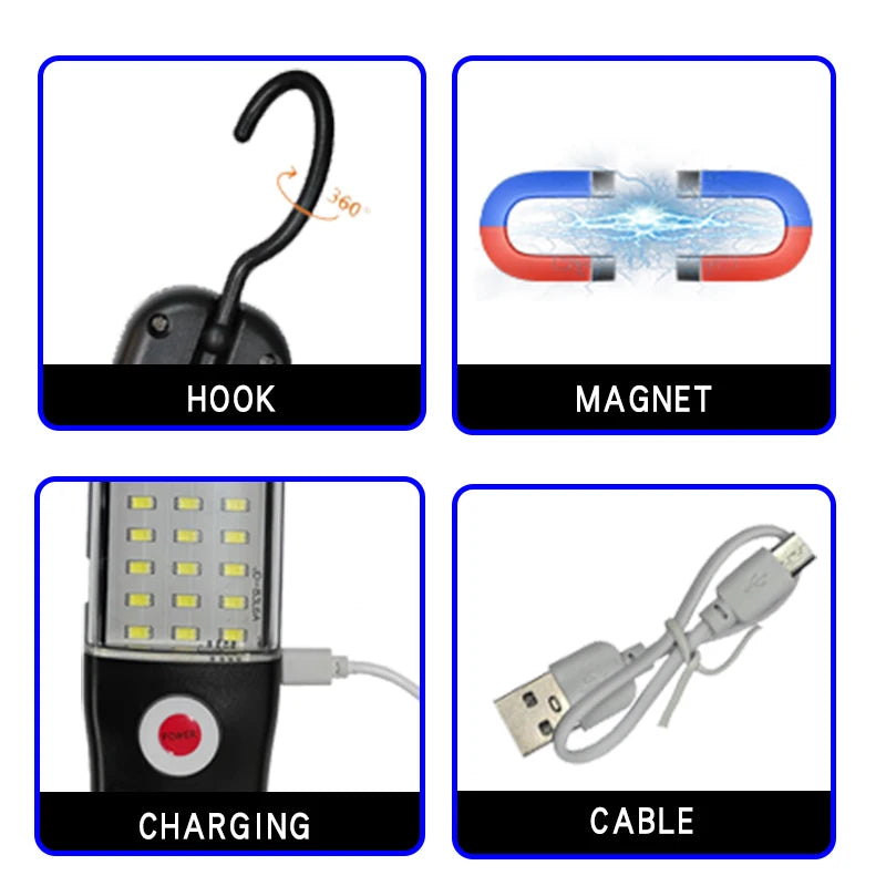 Portable Magnetic Auto Repair Work Light USB Rechargeable LED Flashlight With Magnet Hook For Car Repair Fishing Emergencies