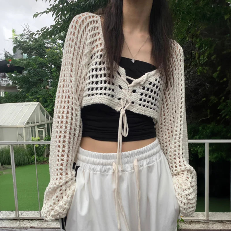 Crochet Crop Tie-Front Cardigan | Women's Y2K Beach Shrug Top