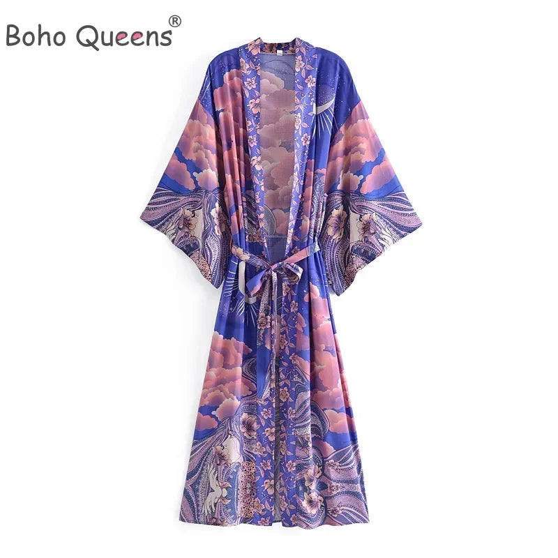 Boho Star & Moon Print Kimono Dress | Women's Beach Cover-Up