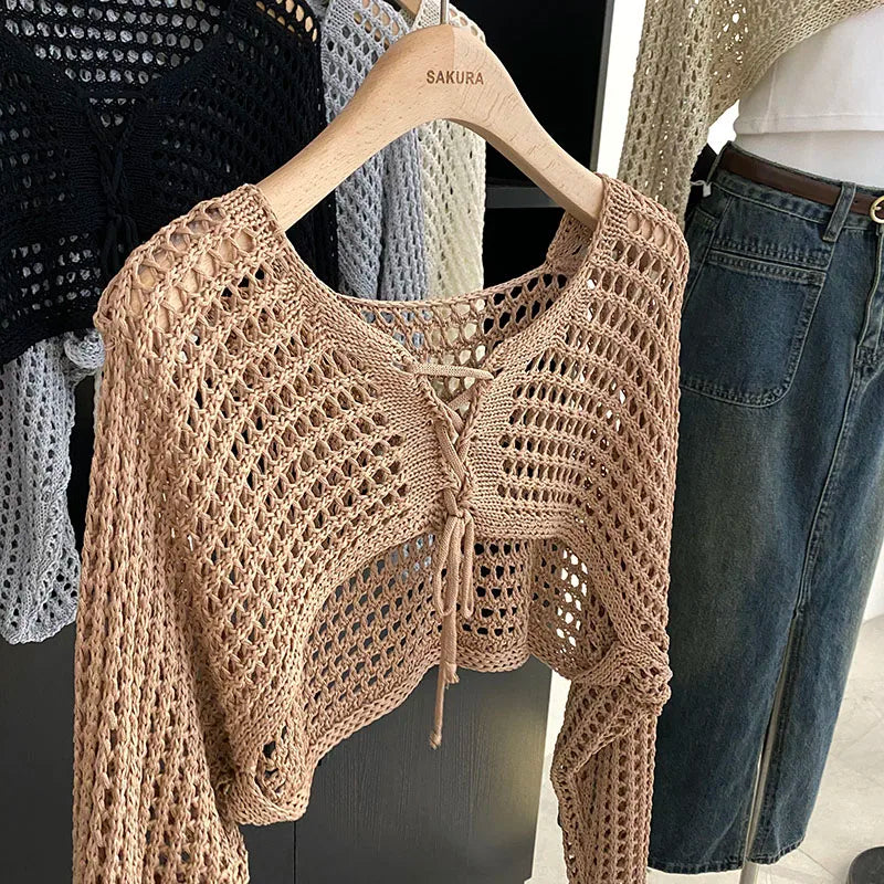 Crochet Crop Tie-Front Cardigan | Women's Y2K Beach Shrug Top