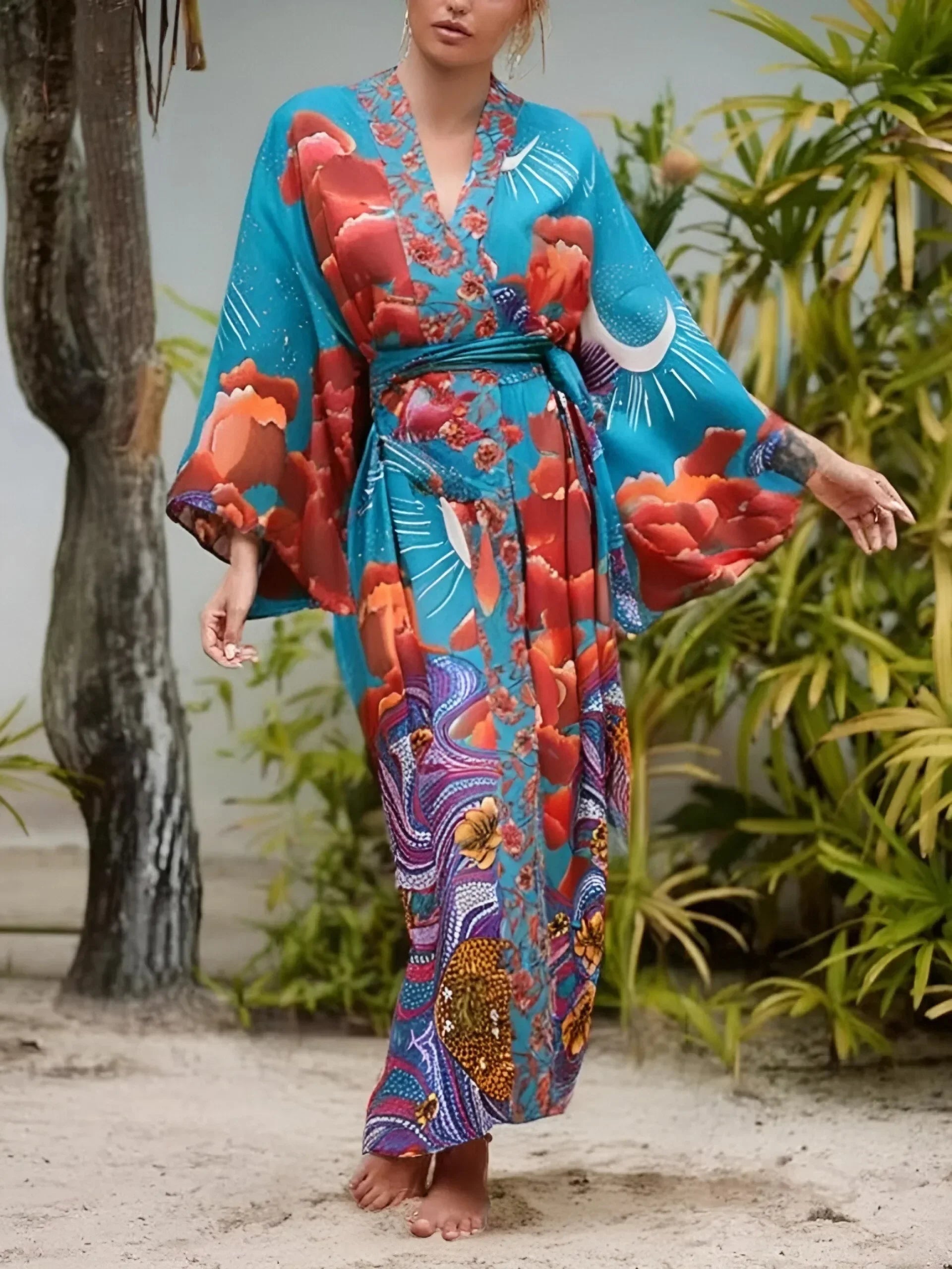 Boho Star & Moon Print Kimono Dress | Women's Beach Cover-Up