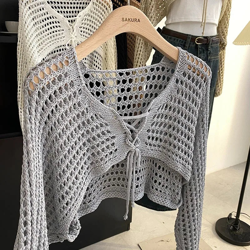 Crochet Crop Tie-Front Cardigan | Women's Y2K Beach Shrug Top