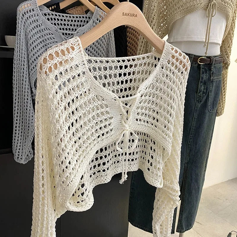 Crochet Crop Tie-Front Cardigan | Women's Y2K Beach Shrug Top