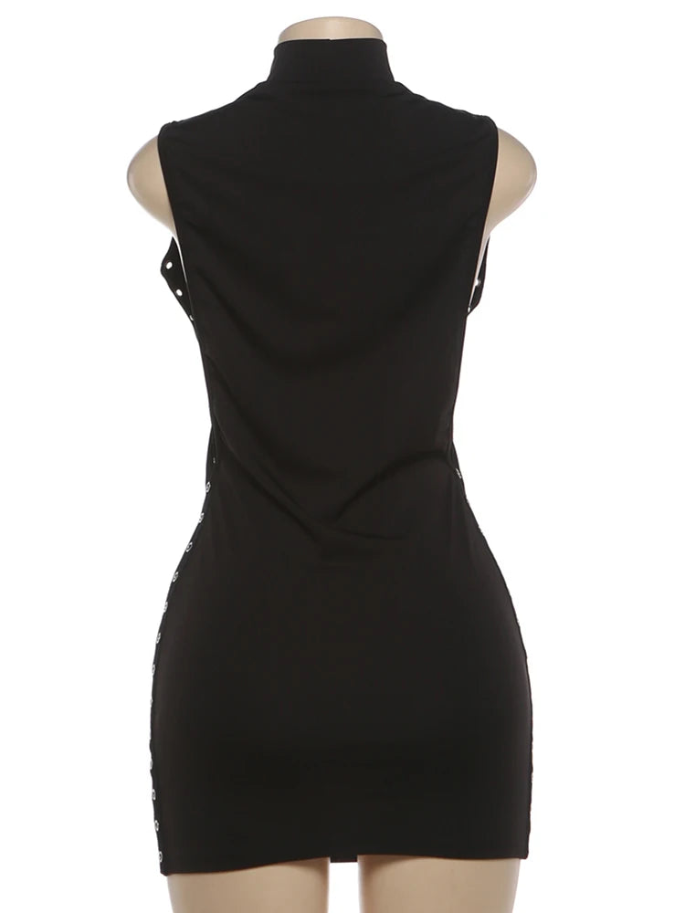 Nibber Peach Hip Mini Dress Woman o-Neck Sleeveless Side Hollow Design Metal Rings Decoration Skinny Midnight Club Party Bodycon