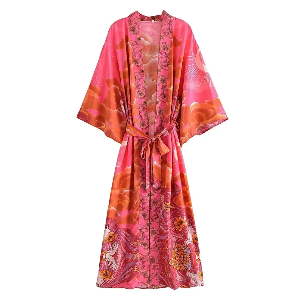 Boho Star & Moon Print Kimono Dress | Women's Beach Cover-Up